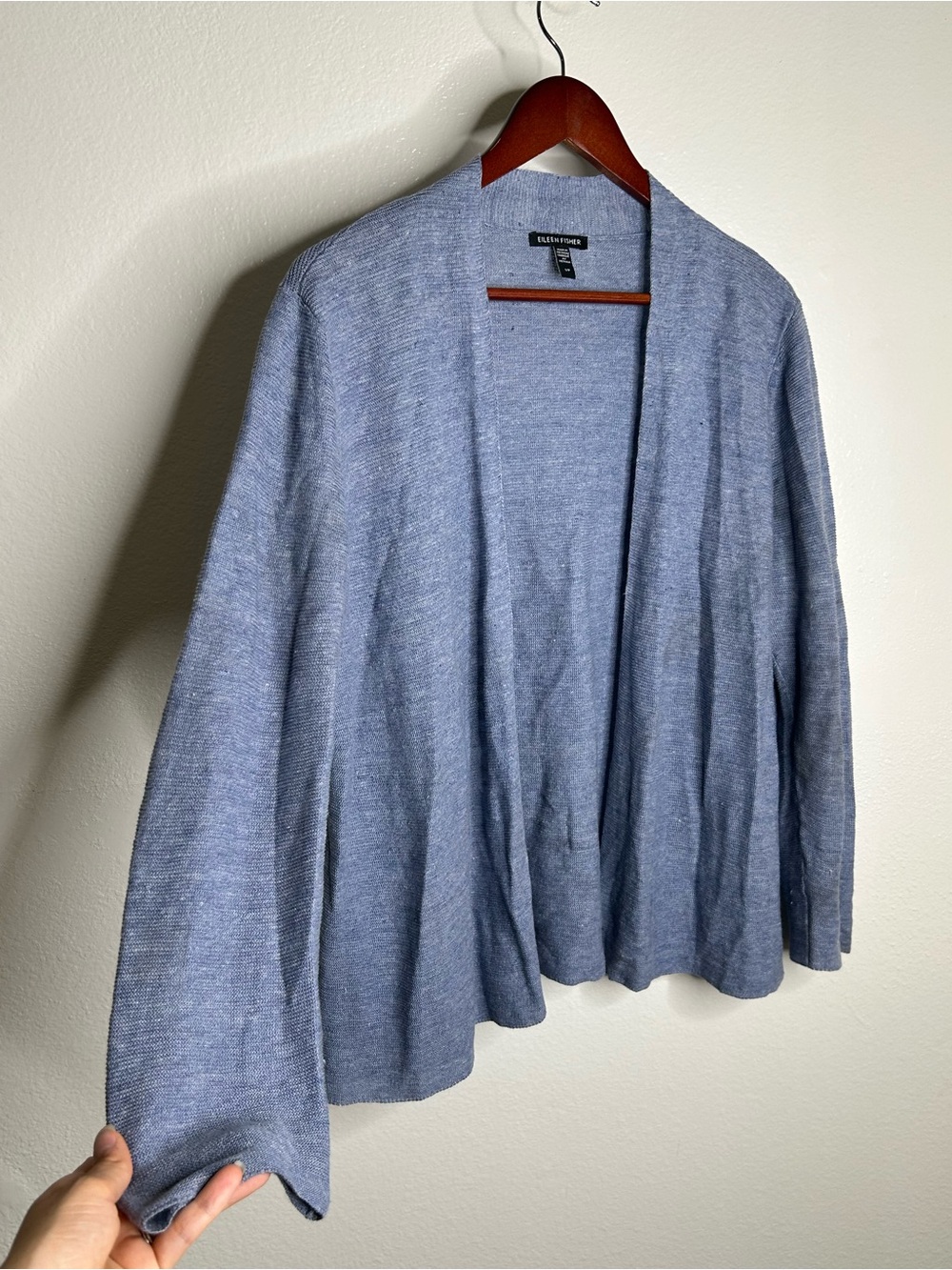 Eileen Fisher 100% Organic Linen Knit Textured Blue Open Cardigan Sweater
